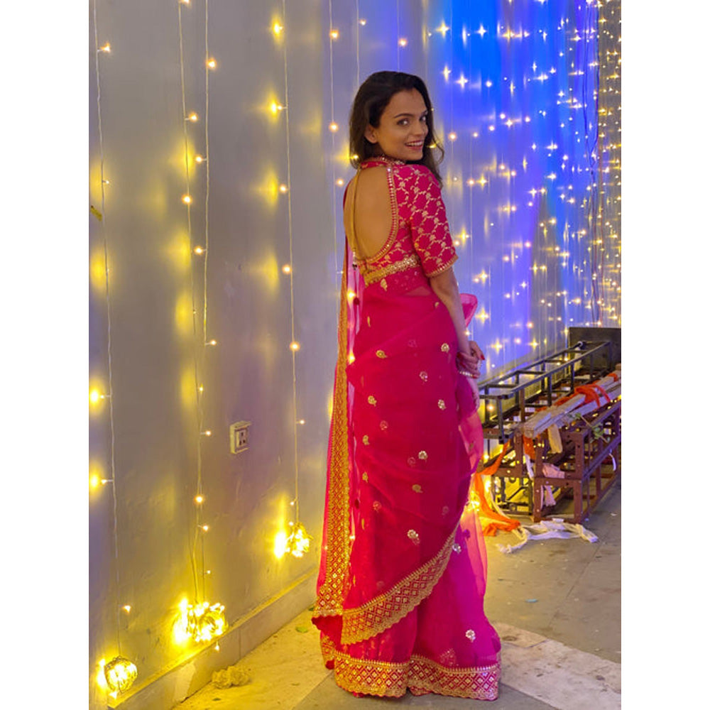 Gopi Vaid Monalisa Mahapatra in Marigold Brocade Saree with Stitched Blouse
