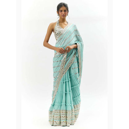Gopi Vaid Aradhana Mirror Embroidered Powder Blue Saree with Stitched Blouse
