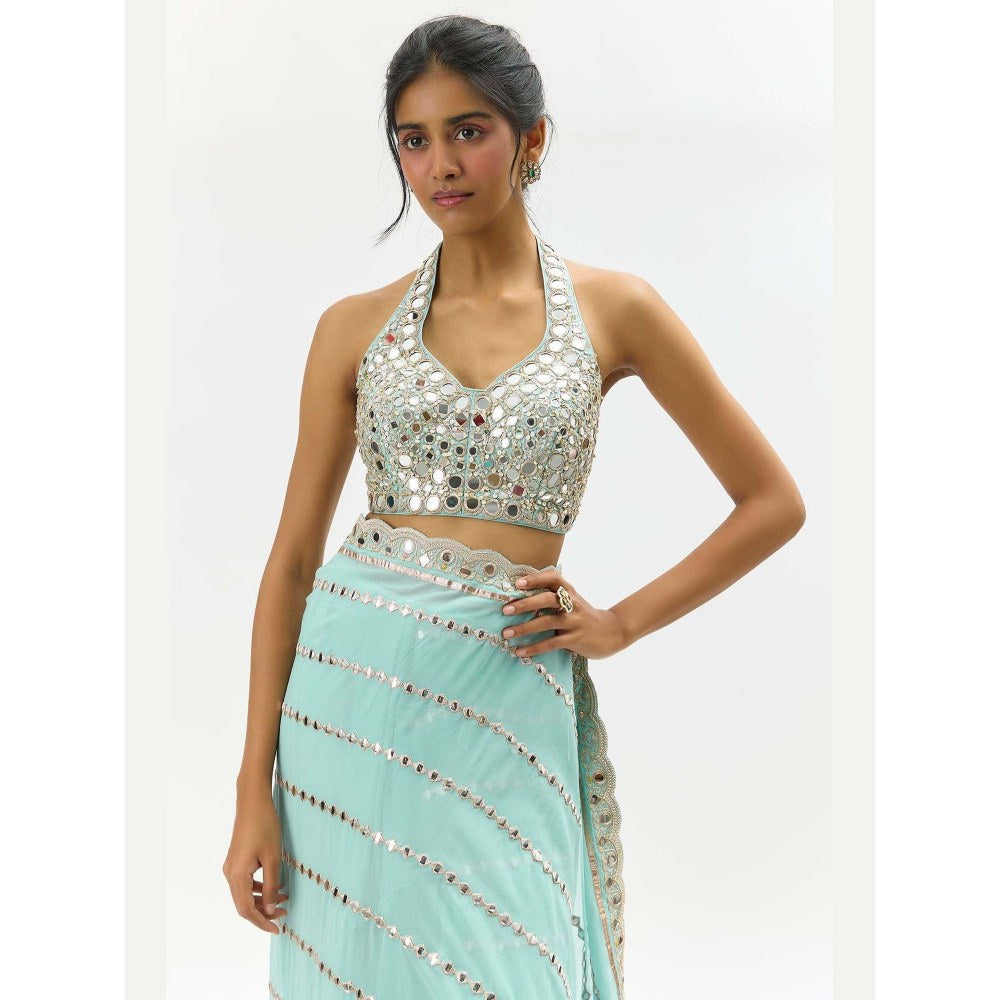Gopi Vaid Aradhana Mirror Embroidered Powder Blue Saree with Stitched Blouse