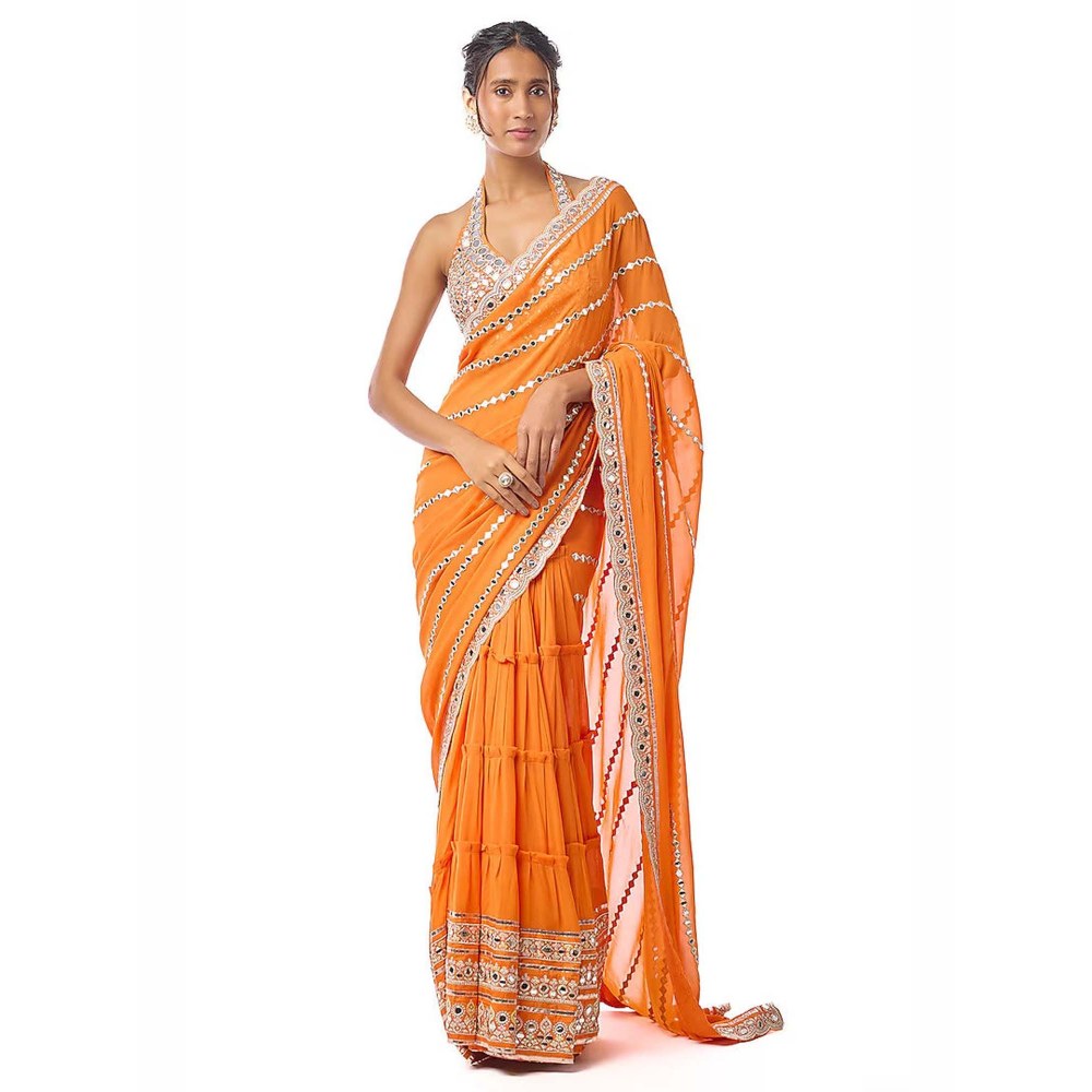 Gopi Vaid Aradhana Orange Embroidered Aree with Stitched Blouse