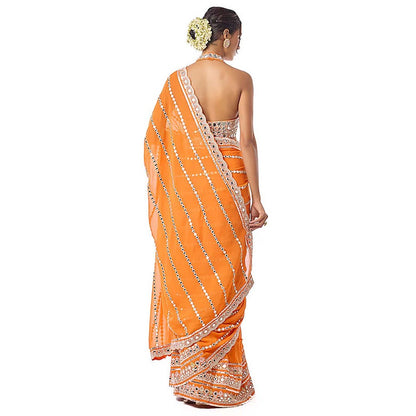 Gopi Vaid Aradhana Orange Embroidered Aree with Stitched Blouse