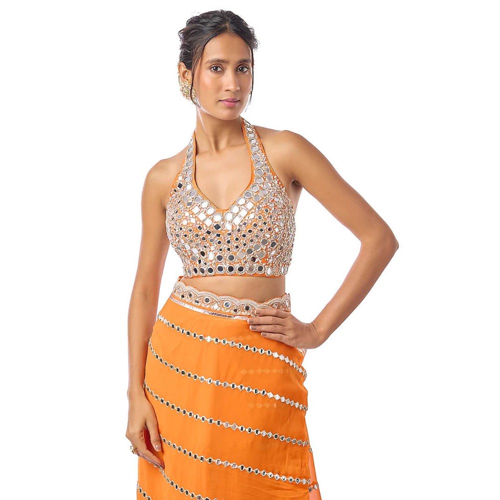 Gopi Vaid Aradhana Orange Embroidered Aree with Stitched Blouse