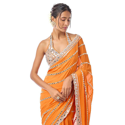Gopi Vaid Aradhana Orange Embroidered Aree with Stitched Blouse