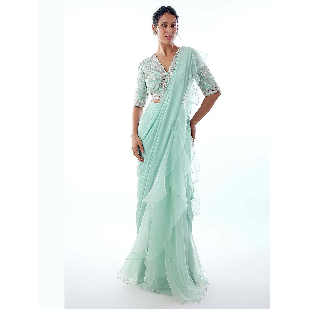 Gopi Vaid Ganika Powder Blue Mirror Embellished Saree with Stitched Blouse