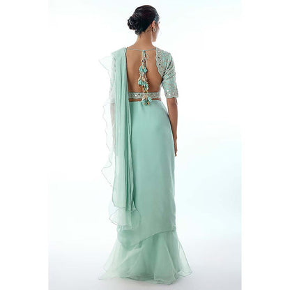 Gopi Vaid Ganika Powder Blue Mirror Embellished Saree with Stitched Blouse