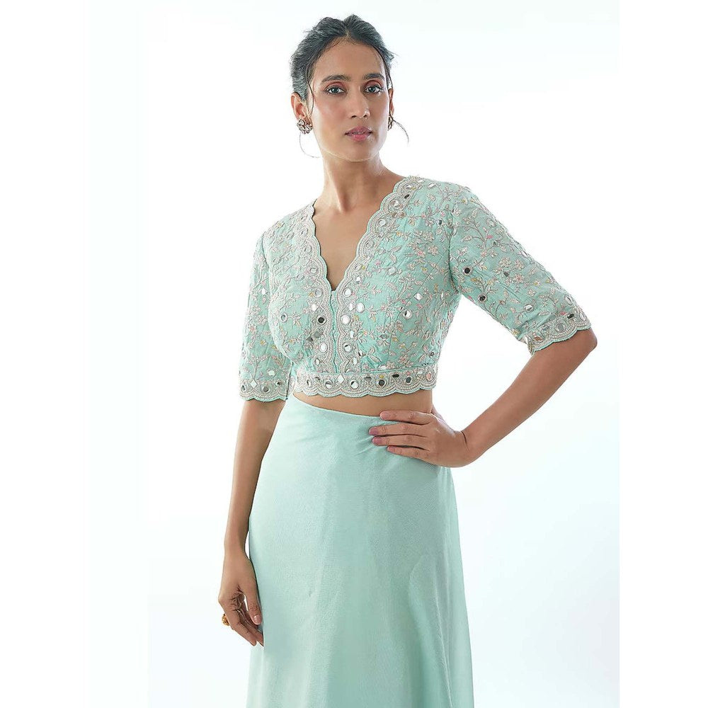 Gopi Vaid Ganika Powder Blue Mirror Embellished Saree with Stitched Blouse
