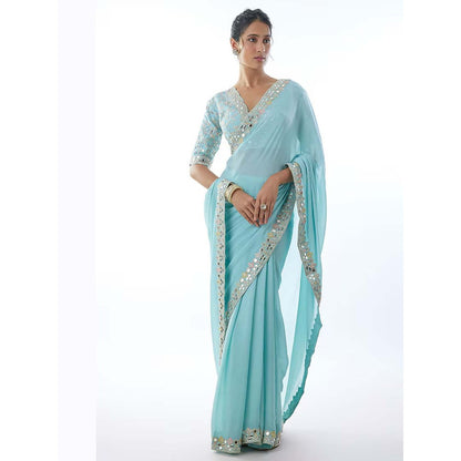 Gopi Vaid Meili Embroidered Powder Blue Saree with Stitched Blouse