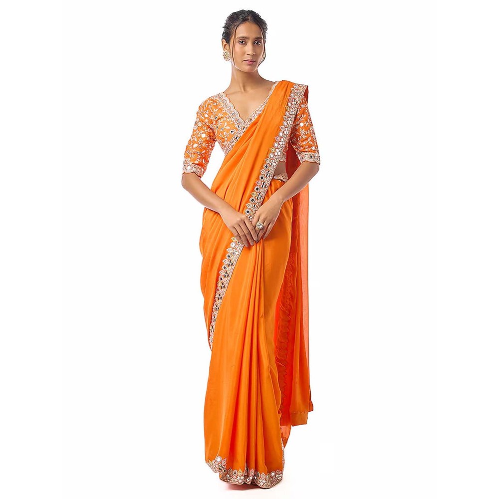 Gopi Vaid Meili Orange Embroidered Aree with Stitched Blouse