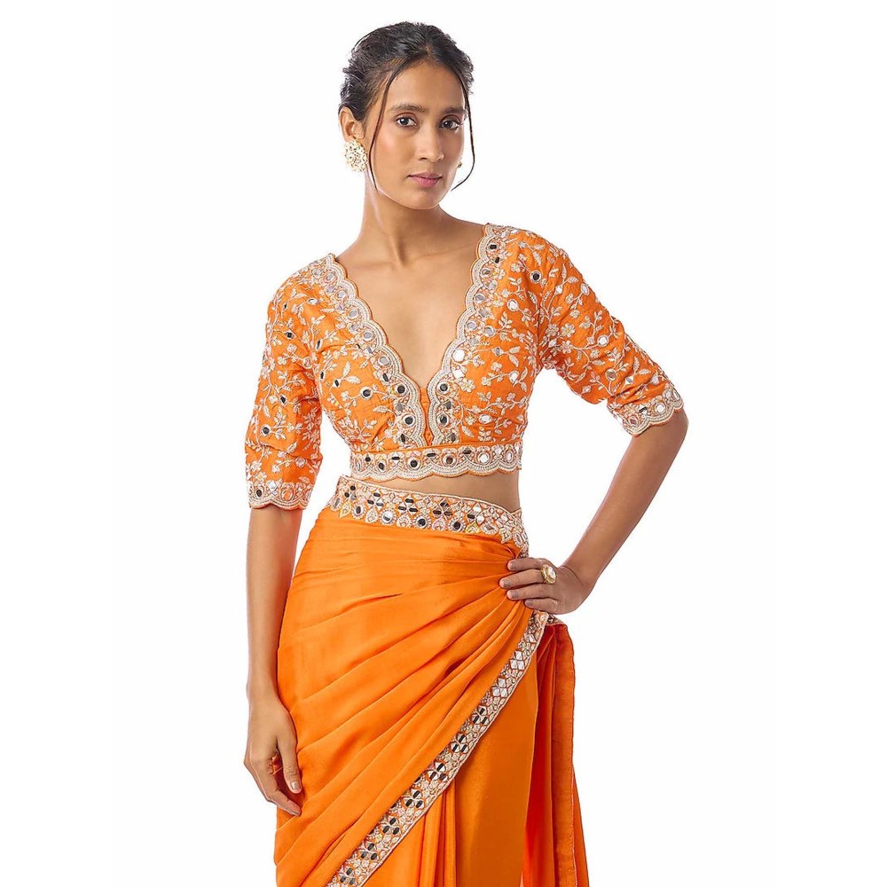 Gopi Vaid Meili Orange Embroidered Aree with Stitched Blouse