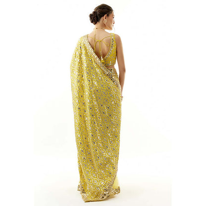 Gopi Vaid Mirai Yellow Embroidered Saree with Stitched Blouse
