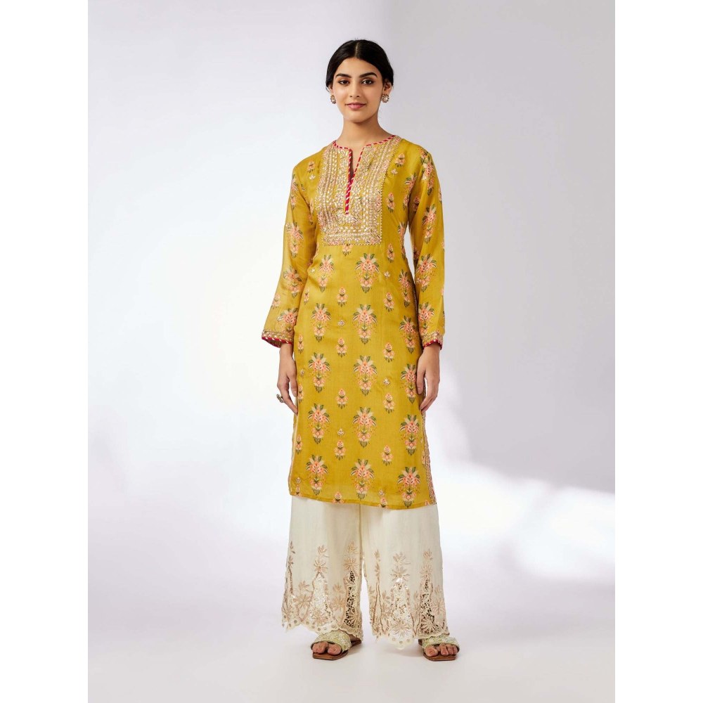 Gopi Vaid Neha Mustard Embroidery Kurta