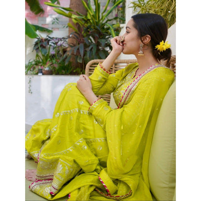 Gopi Vaid Aarohi Yellow Anarkali Kurta with Churidar and Dupatta