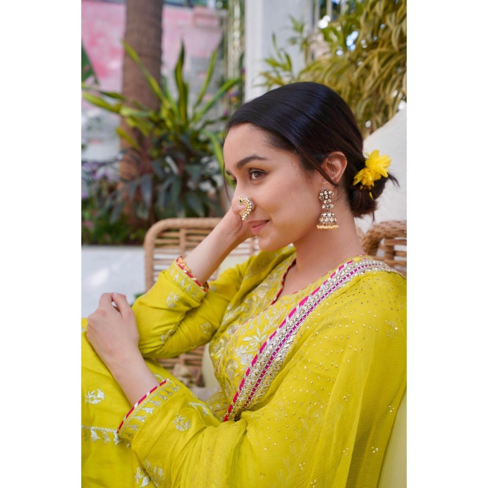 Gopi Vaid Aarohi Yellow Anarkali Kurta with Churidar and Dupatta