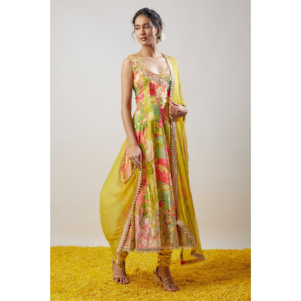 Gopi Vaid Krisha Yellow Anarkali Kurta with Churidar and Dupatta