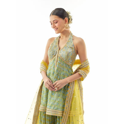Gopi Vaid Janhavi Peplum Yellow Top with Sharara and Dupatta