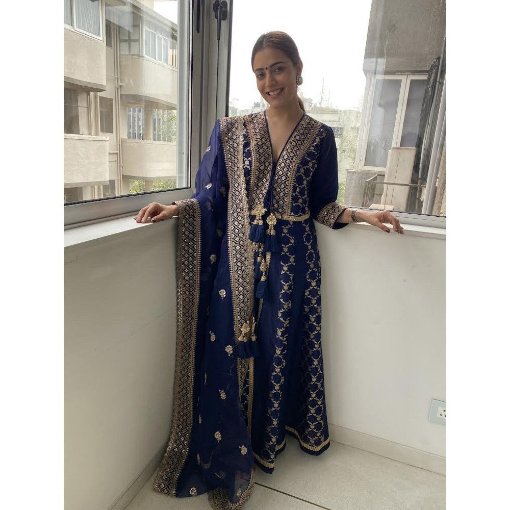 Gopi Vaid Nisha Aggarwal In Marigold Navy Blue Anarkali Kurta with Churidar and Dupatta