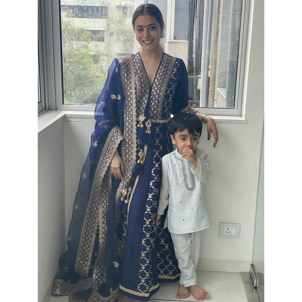 Gopi Vaid Nisha Aggarwal In Marigold Navy Blue Anarkali Kurta with Churidar and Dupatta
