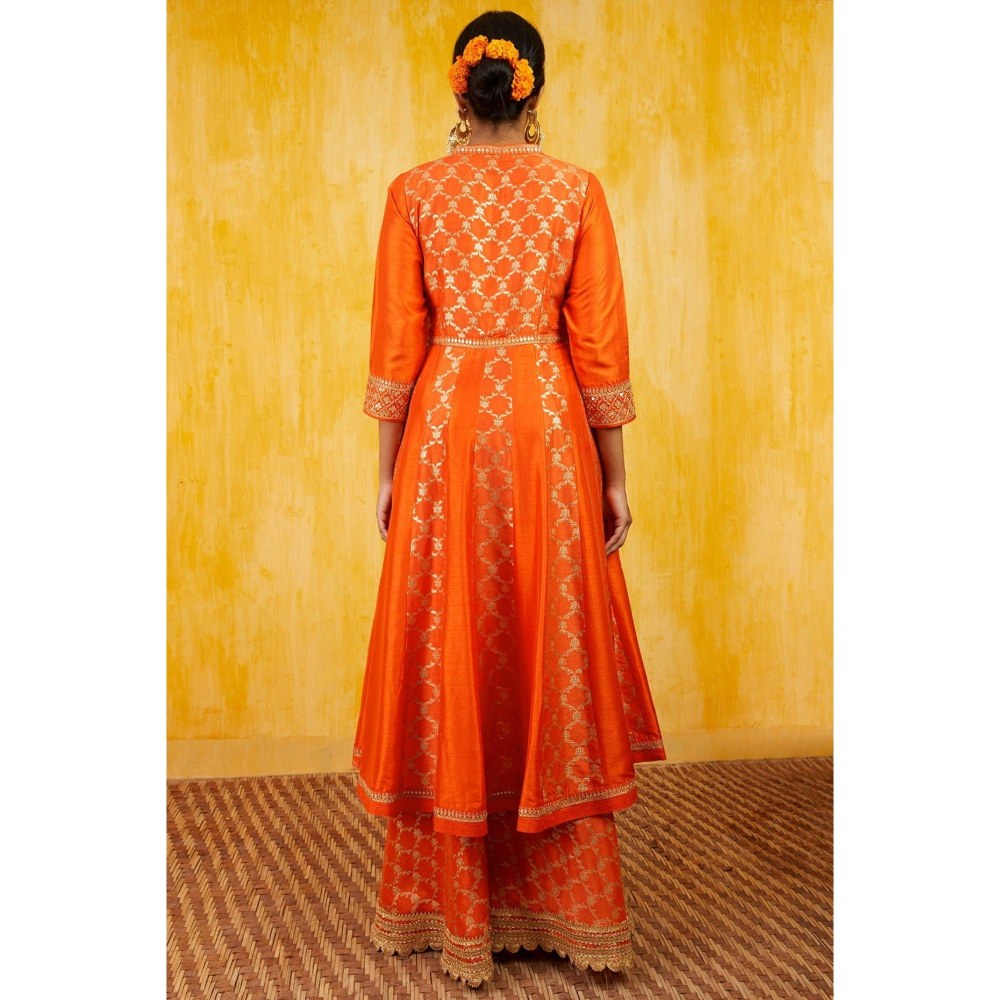 Gopi Vaid Marigold Brocade Orange Anarkali Jacket with Sharara