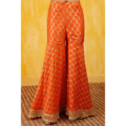 Gopi Vaid Marigold Brocade Orange Anarkali Jacket with Sharara