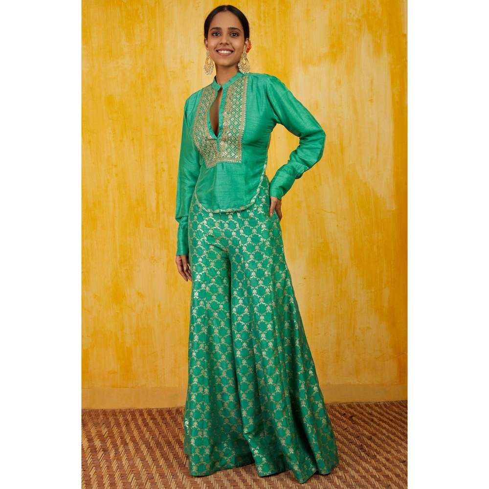 Gopi Vaid Marigold Brocade Aqua Shirt with Palazzo