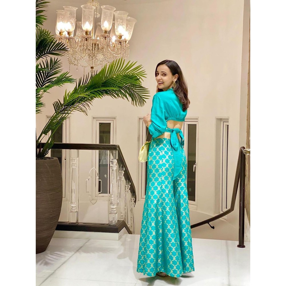 Gopi Vaid Marigold Brocade Aqua Shirt with Palazzo