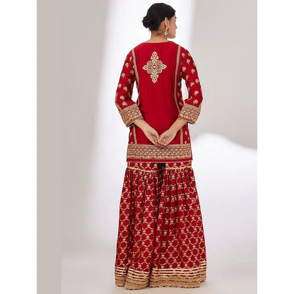 Gopi Vaid Marigold Brocade Red Kurta with Sharara and Dupatta