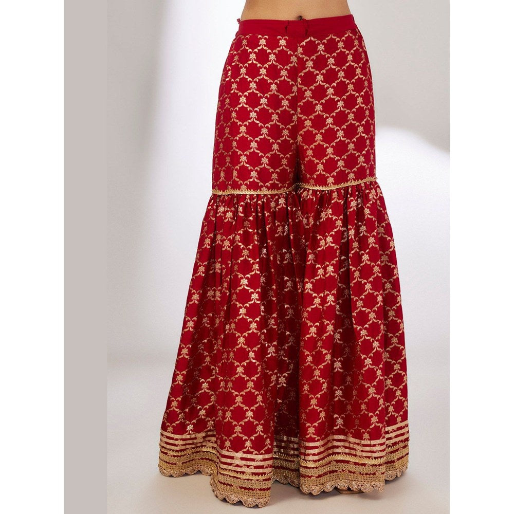 Gopi Vaid Marigold Brocade Red Kurta with Sharara and Dupatta