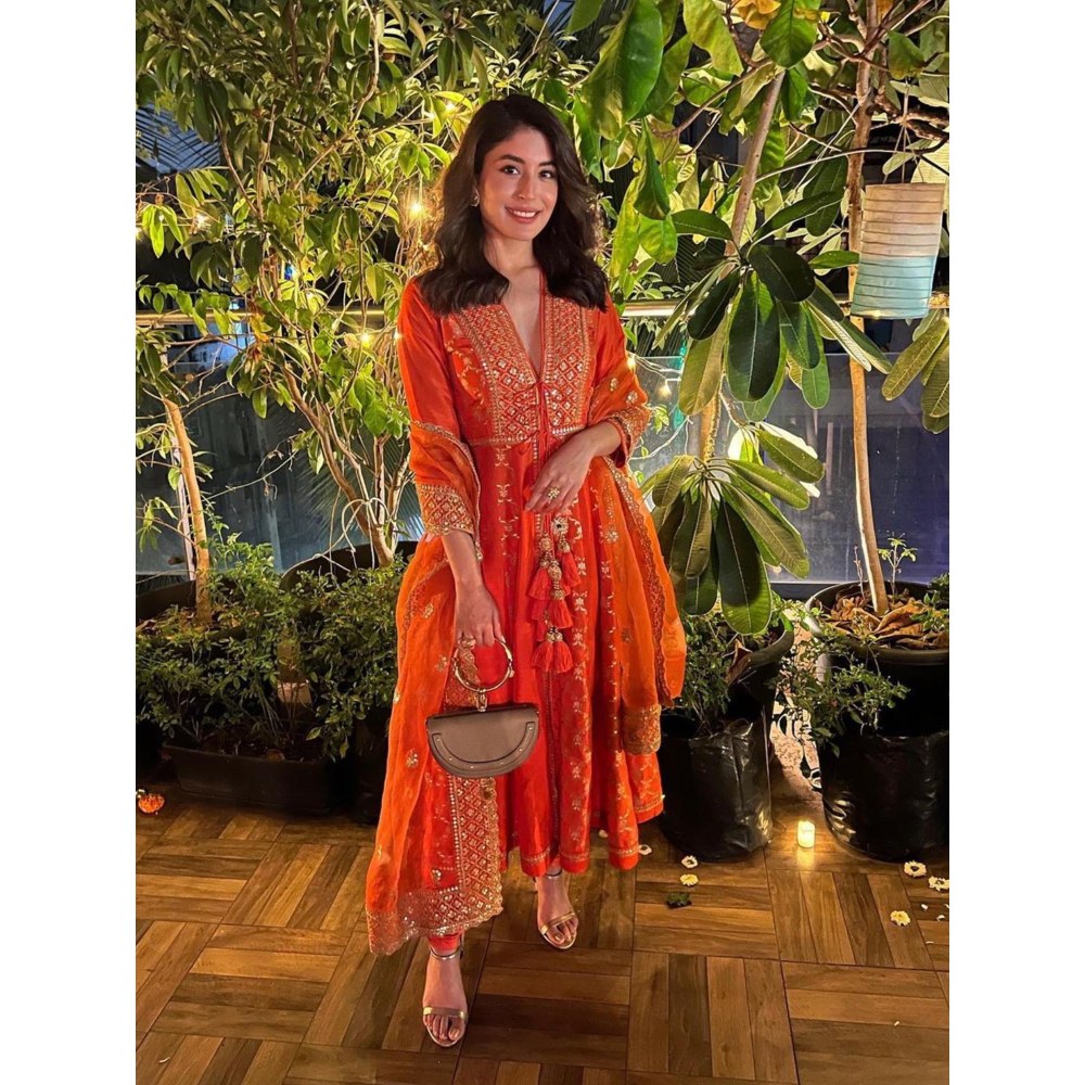 Gopi Vaid Marigold Brocade Orange Anarkali Kurta with Churidar and Dupatta