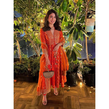 Gopi Vaid Marigold Brocade Orange Anarkali Kurta with Churidar and Dupatta
