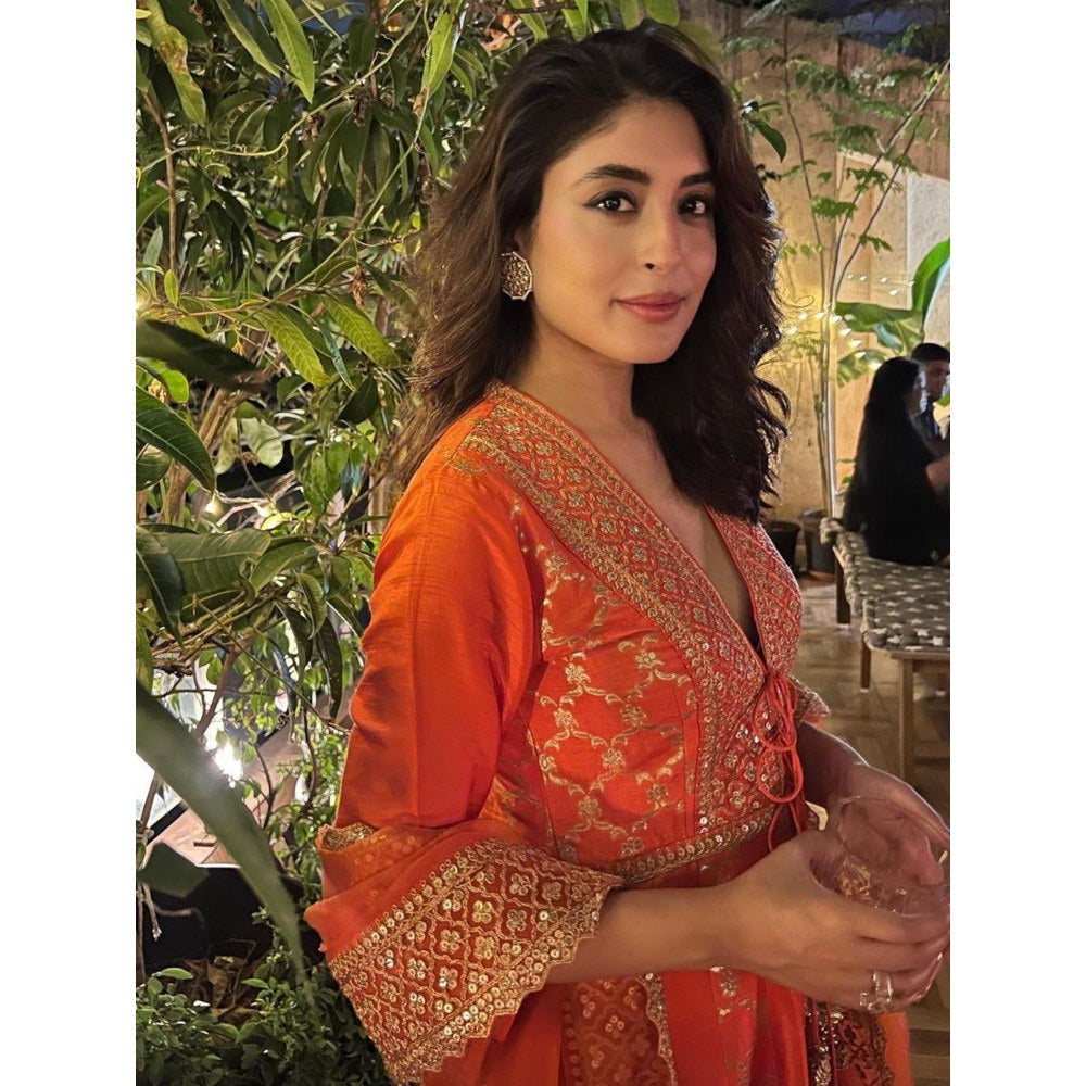 Gopi Vaid Marigold Brocade Orange Anarkali Kurta with Churidar and Dupatta