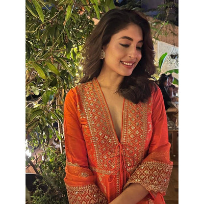 Gopi Vaid Marigold Brocade Orange Anarkali Kurta with Churidar and Dupatta