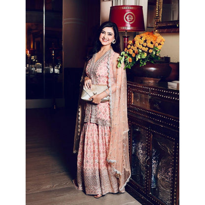 Gopi Vaid Nusrat Sleeveless Pink Kurta with Sharara and Dupatta