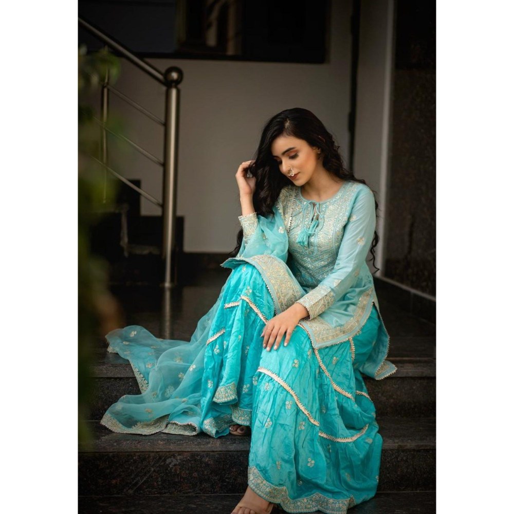 Gopi Vaid Rati Blue Kurta with Sharara and Dupatta