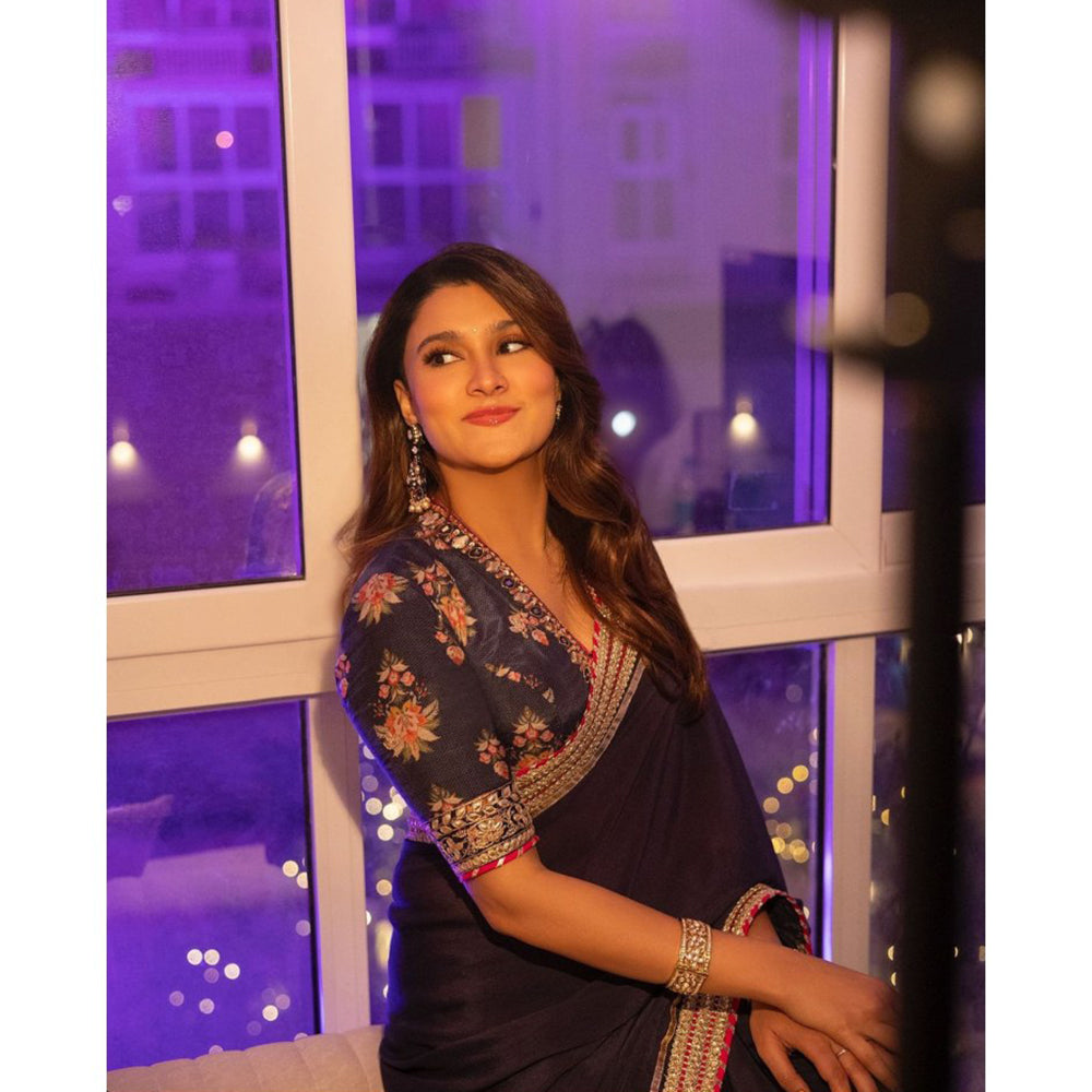 Gopi Vaid Navy Blue Anisha Embroider Saree with Stitched Blouse and Petticoat