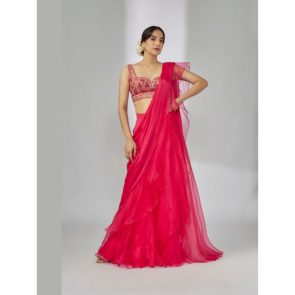 Gopi Vaid Pink Richa Ruffle Pre-Draped Saree with Stitched Blouse