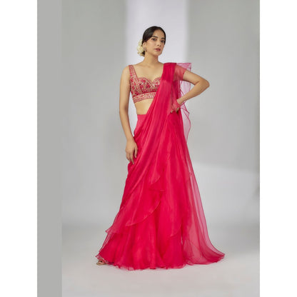 Gopi Vaid Pink Richa Ruffle Pre-Draped Saree with Stitched Blouse
