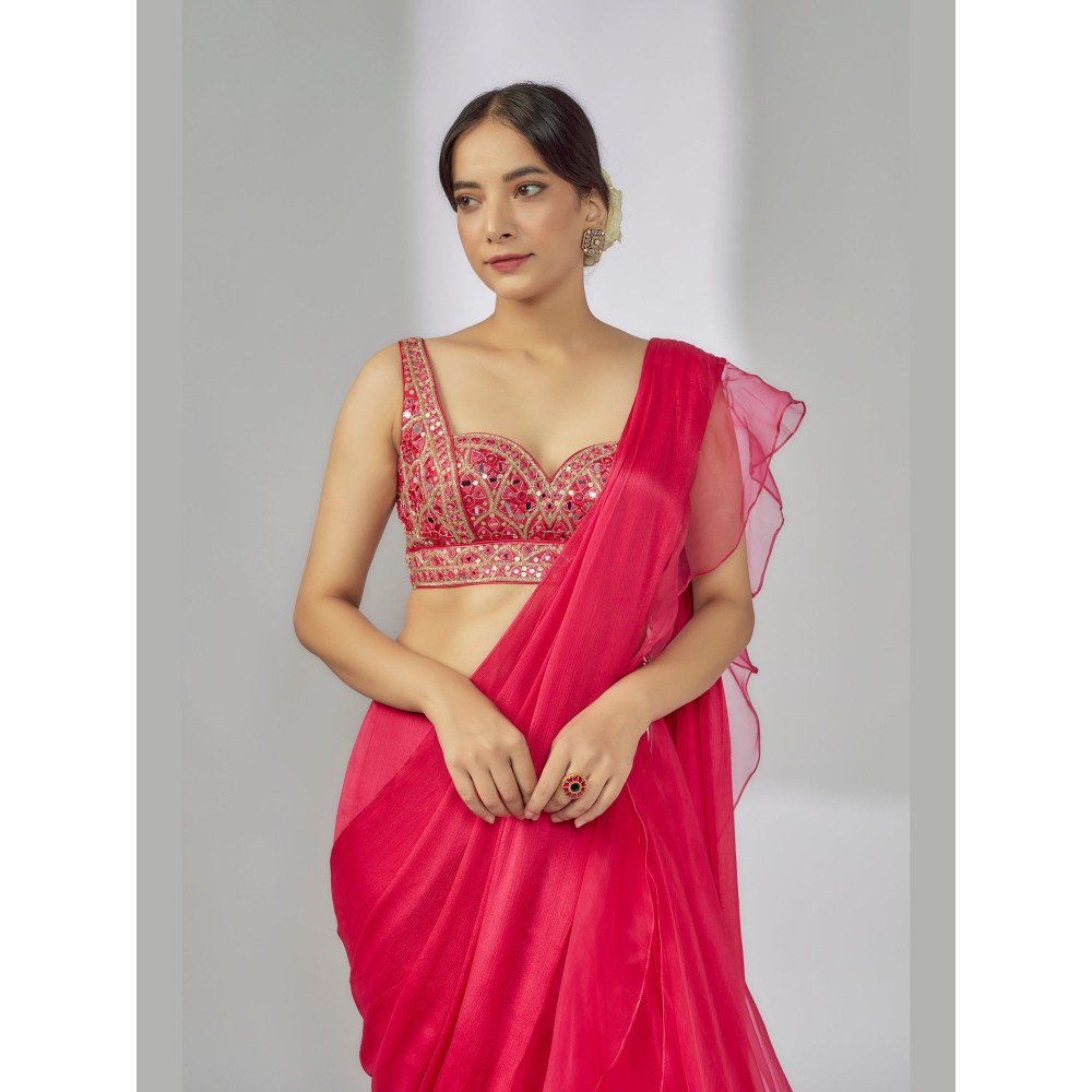 Gopi Vaid Pink Richa Ruffle Pre-Draped Saree with Stitched Blouse