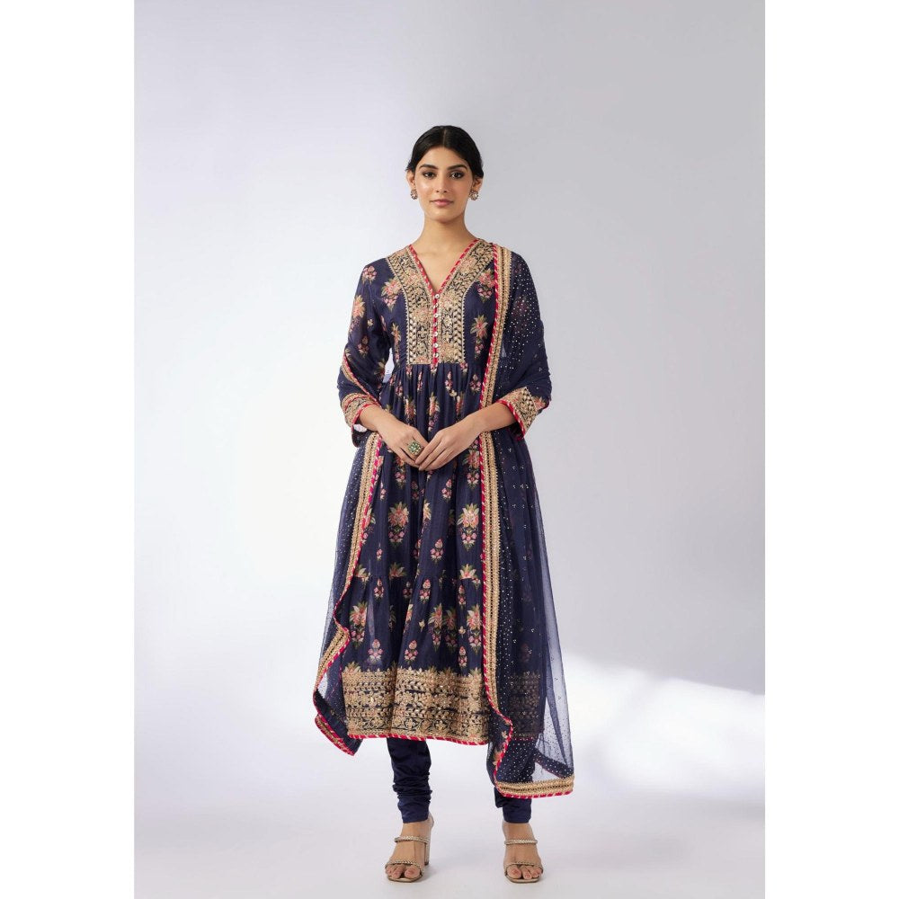 Gopi Vaid Joshna Navy Blue Floral Anarkali Kurta with Churidar and Dupatta