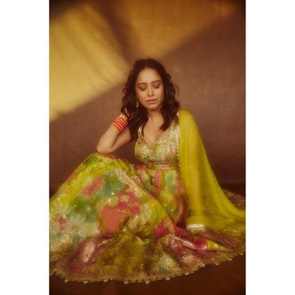 Gopi Vaid Nushrat Multi-Colour Floral Anarkali Kurta with Palazzo and Dupatta