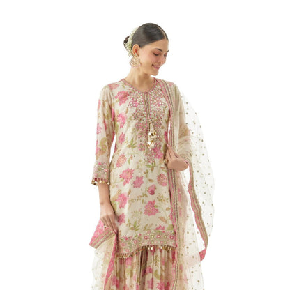 Gopi Vaid Niyati Ivory Floral Kurta with Sharara and Dupatta
