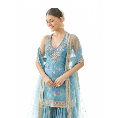 Gopi Vaid Dhvanika Blue Embroidered Kurta with Sharara and Dupatta