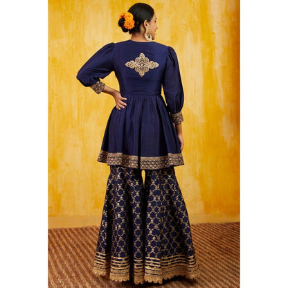 Gopi Vaid Marigold Navy Blue Embroidered Kurta with Sharara