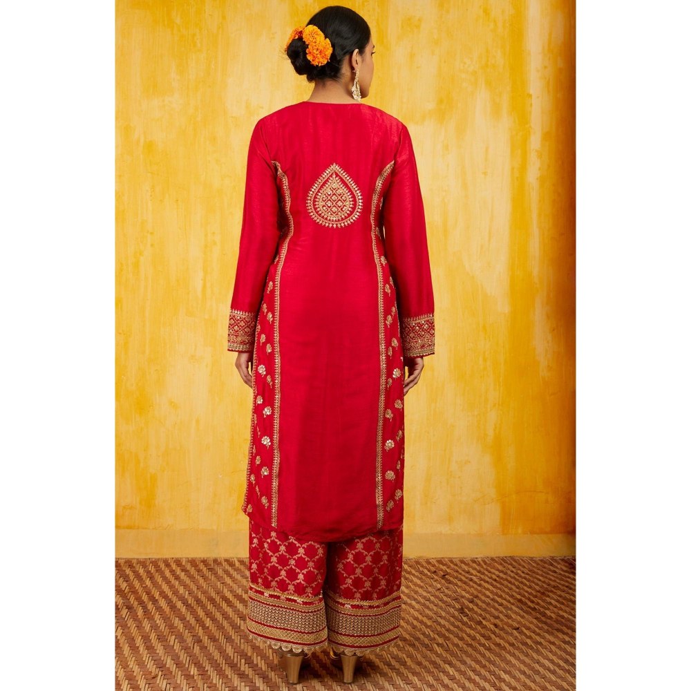 Gopi Vaid Marigold Red Embroidered Kurta with Palazzo and Dupatta
