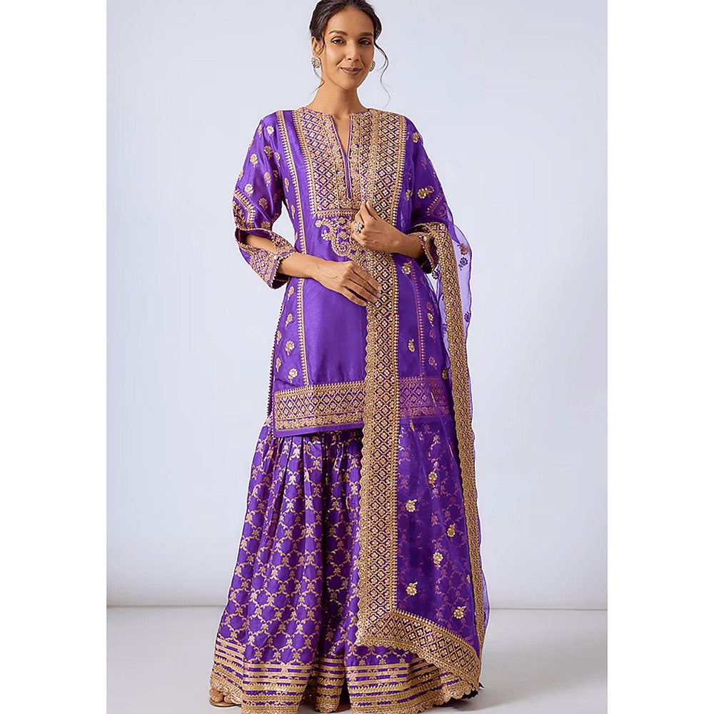 Gopi Vaid Purple Marigold Brocade Short Kurta with Garara and Dupatta