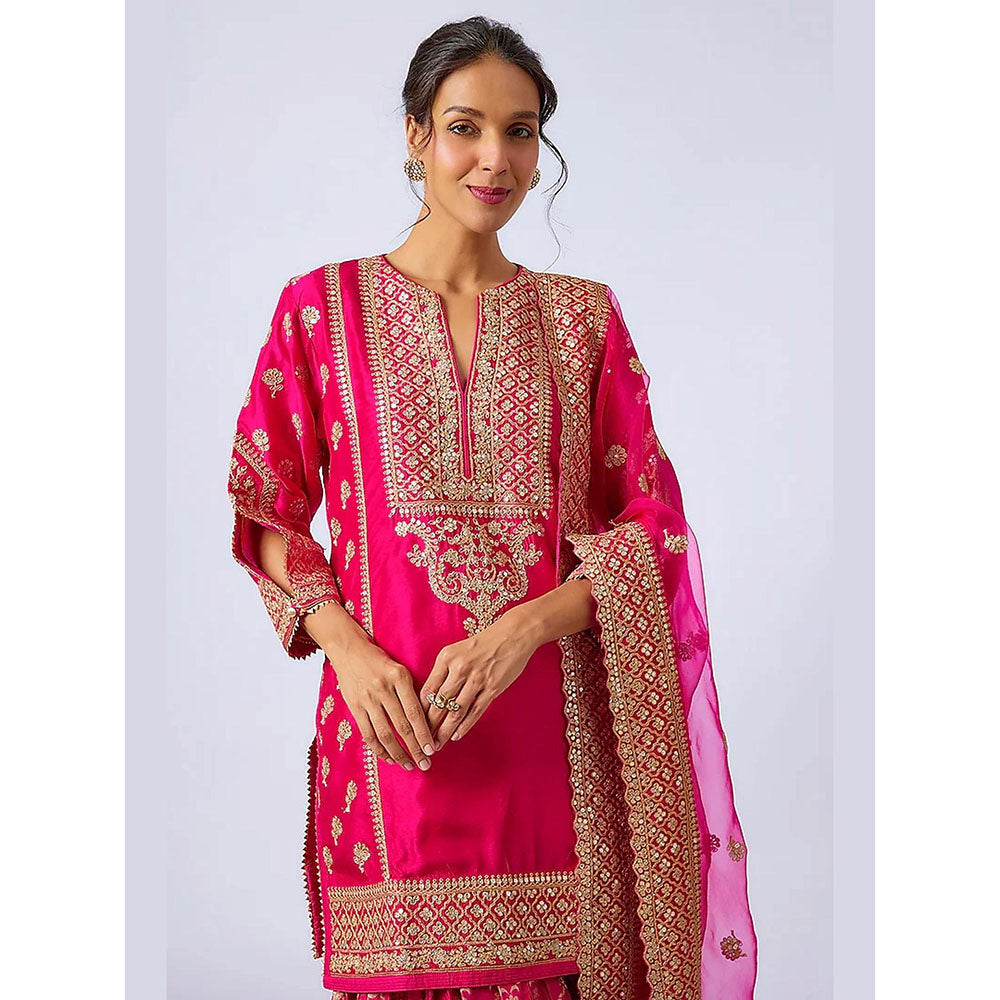 Gopi Vaid Pink Juhi Chawla In Marigold Brocade Short Kurta with Garara and Dupatta