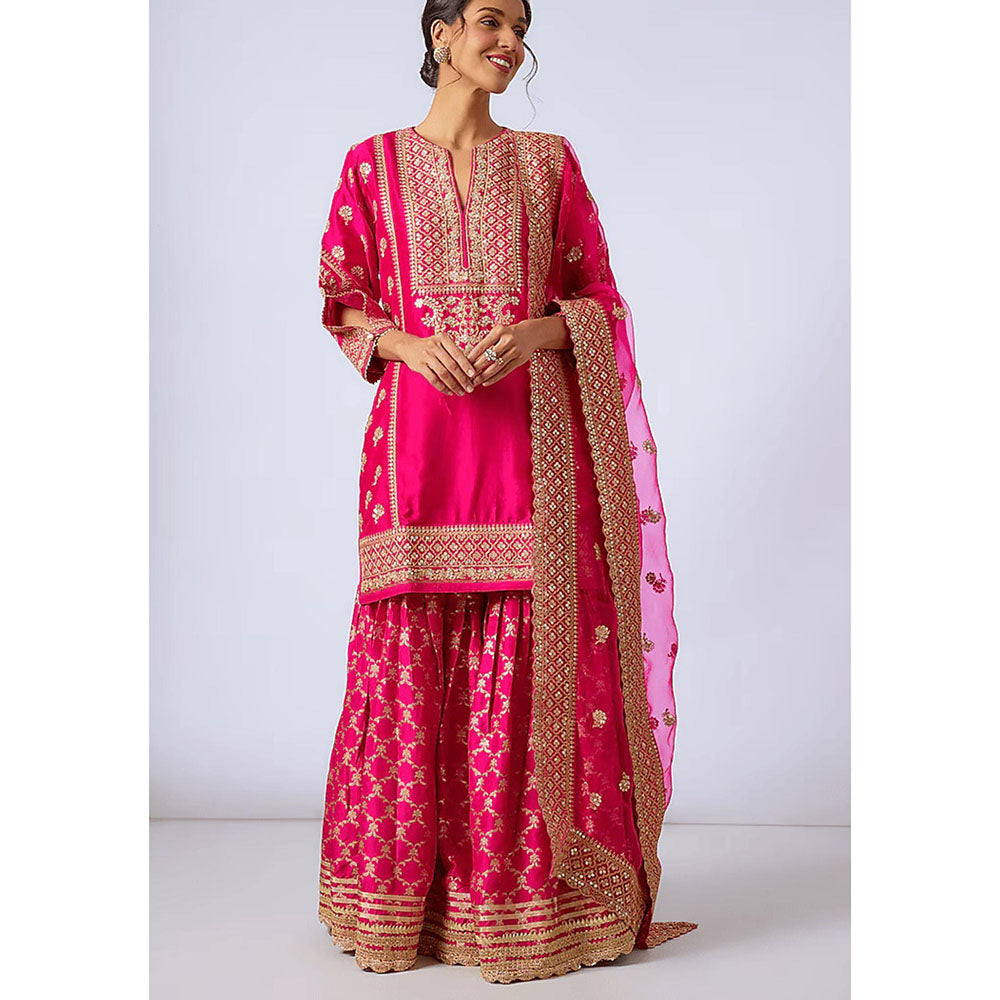 Gopi Vaid Pink Juhi Chawla In Marigold Brocade Short Kurta with Garara and Dupatta