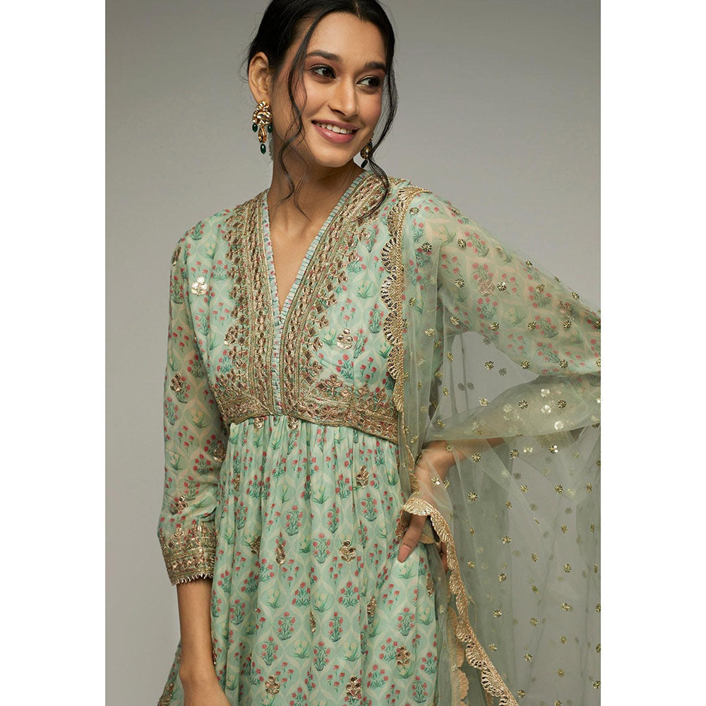 Gopi Vaid Green Nusrat Peplum Kurta with Sharara and Dupatta