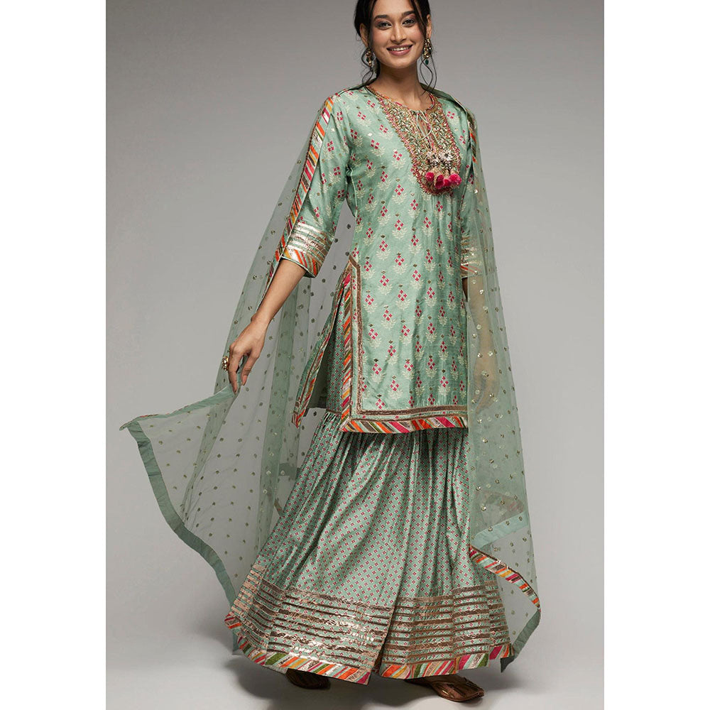 Gopi Vaid Green Tilla Short Top with Garara and Dupatta