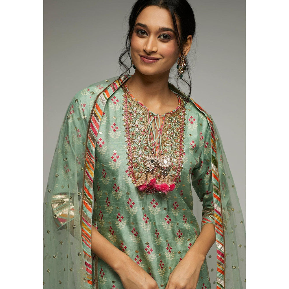 Gopi Vaid Green Tilla Short Top with Garara and Dupatta