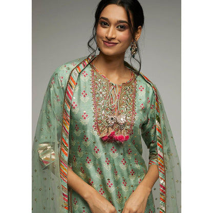 Gopi Vaid Green Tilla Short Top with Garara and Dupatta